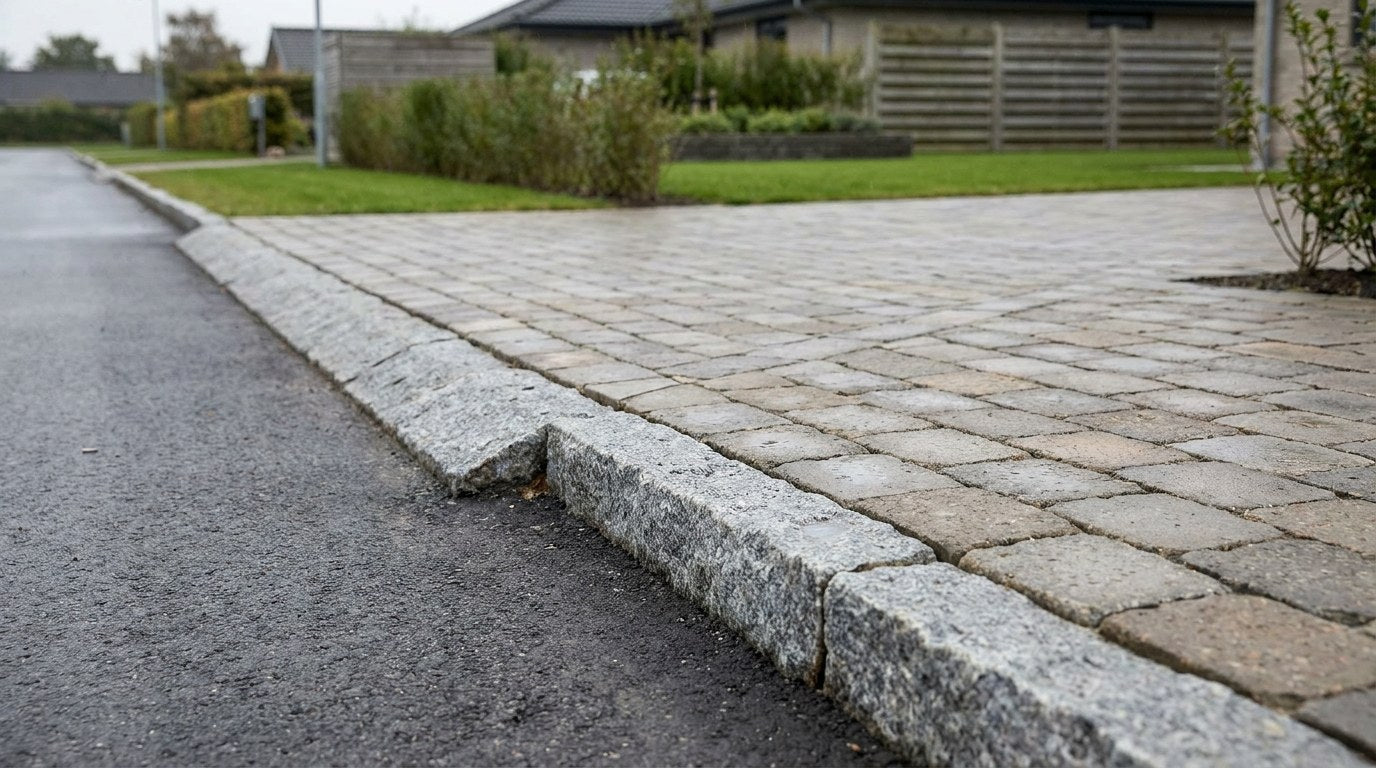 Granitkantsten monteret som afgrænsning mellem kørebane og fortov i et dansk byrum
