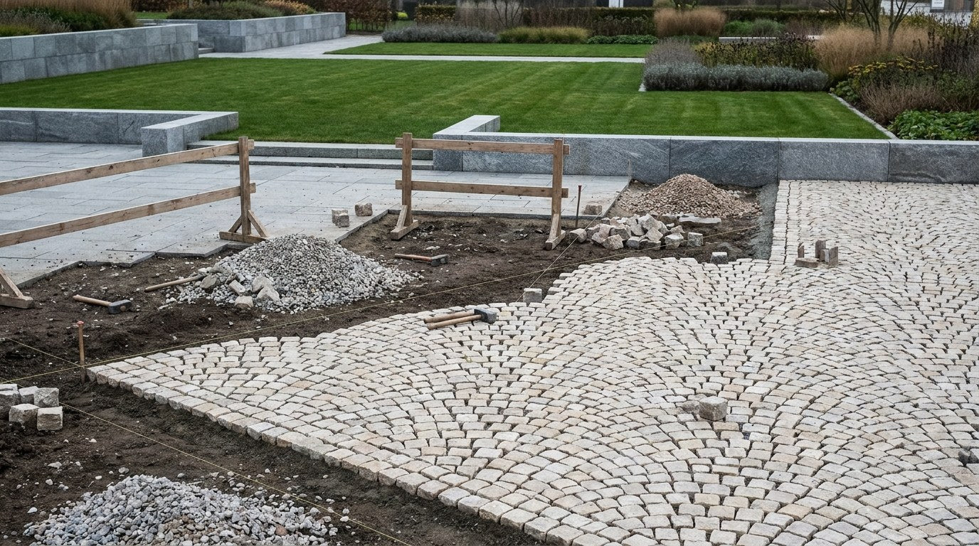 Brolægning med portugisisk granit på et dansk bytorv