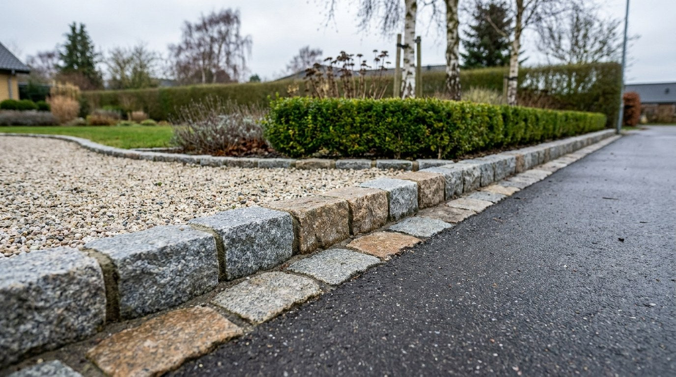 Bordurfliser i granit som overgang mellem belægning og grønt areal
