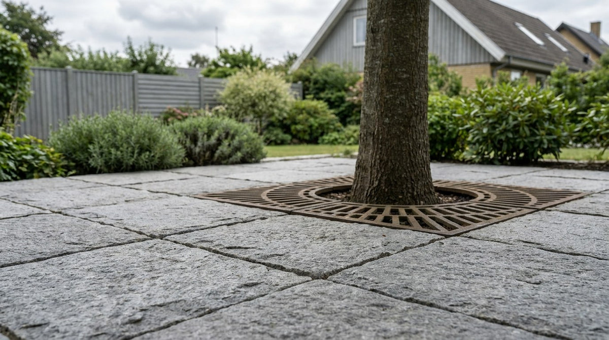 Kvadratiske 60x60x6 naturstensfliser lagt på et offentligt torv i et dansk byrum